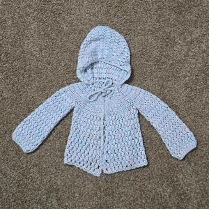 Vintage Handmade Pink and Blue Crochet Hooded Baby Cardigan 18 months